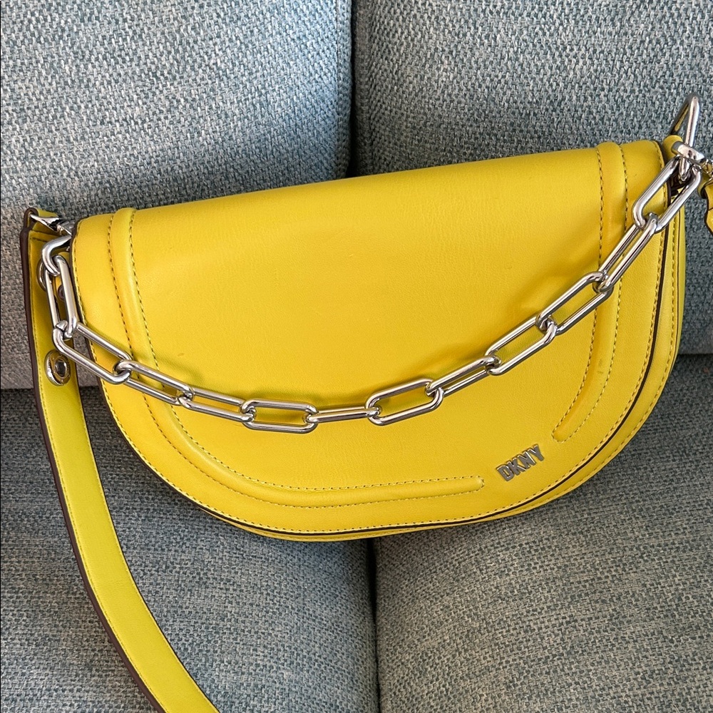 DKNY Bright Yellow Leather Saddle Crossbody with Silver Chain - Picture 3 of 9